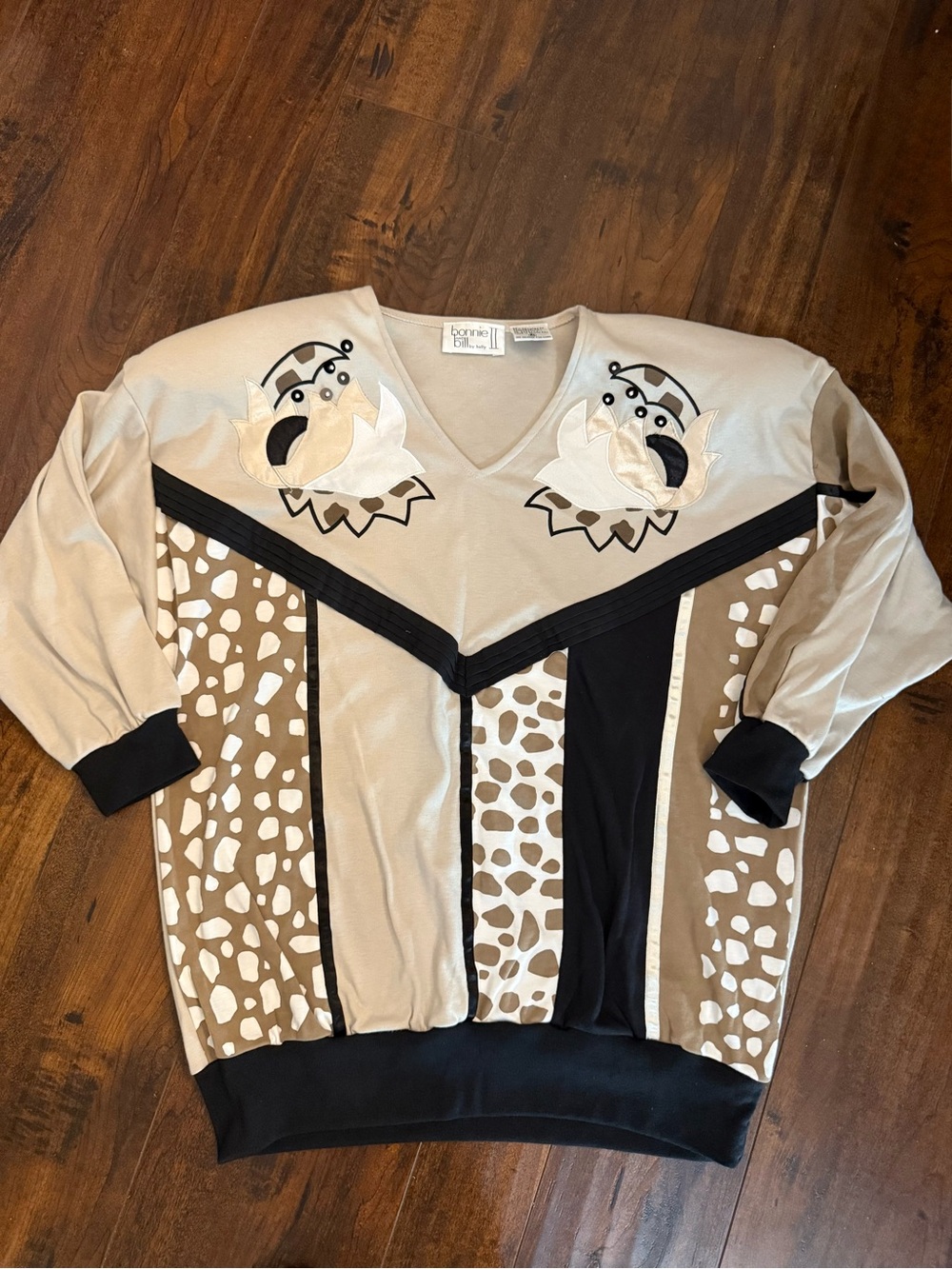 Vtg Bonnie Bill Colorblock Pullover Neutral Animal Print Size Medium Grandmacore